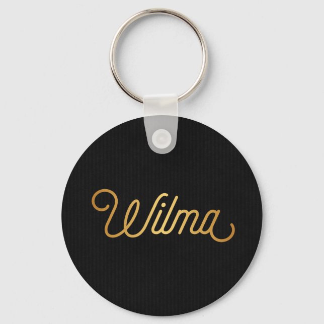 Personalised Elegant Script Wilma Gold Black Key Ring (Front)