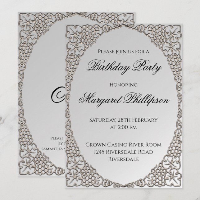 Personalised Elegant Silver Decorative Birthday Invitation (Front/Back)