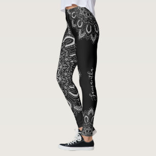 Personalised Elegant Silver Mandala Print Black Leggings