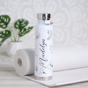 Personalised Elegant Simple Black White Florals Water Bottle