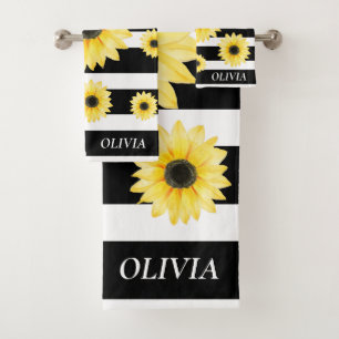 Personalised Elegant Sunfllower on Black and White Bath Towel Set