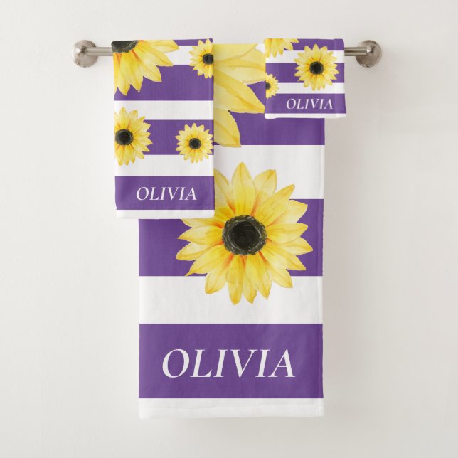 Personalised Elegant Sunfllower purple and white Bath Towel Set (Insitu)