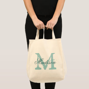 Personalised elegant teal monogram grocery tote bag