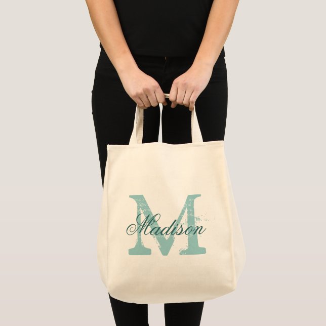 Personalised elegant teal monogram grocery tote bag (Front (Product))
