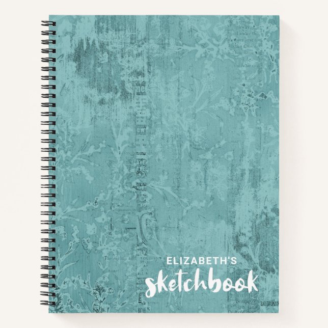 Personalised Elegant Teal Sketchbook Your Name Notebook (Front)