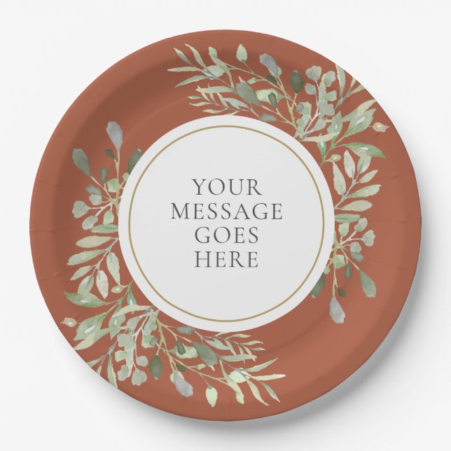 Personalised Elegant Terracotta Gold Greenery Paper Plate (Front)