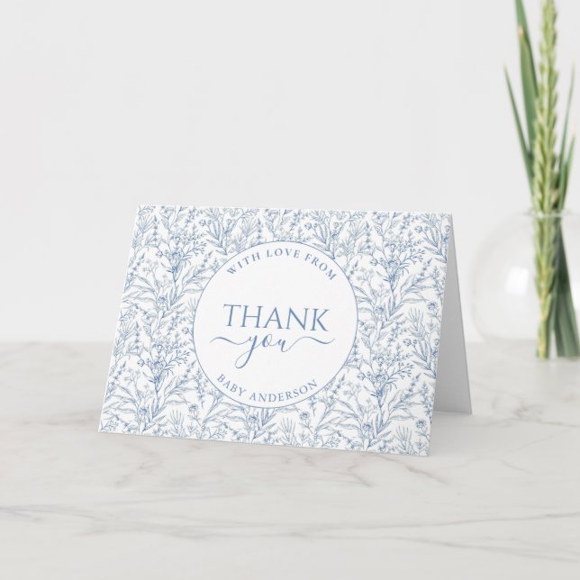 Personalised Elegant Toile Blue Floral Baby Shower Thank You Card (Front)