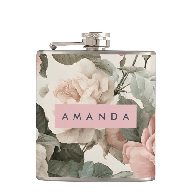 Personalised Elegant Victorian Roses in Blush Hip Flask (Front)