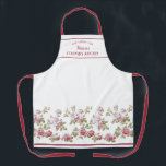 Personalised Elegant Vintage Pink Rose Border Apron<br><div class="desc">Lovely and elegant floral design featuring a garland border of vintage pink roses and green foliage on a clean white background. Includes coordinating line elements and three editable text fields in an editable rectangle element. Strap colour is customisable.</div>