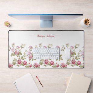 Personalised Elegant Vintage Pink Rose Border Desk Mat