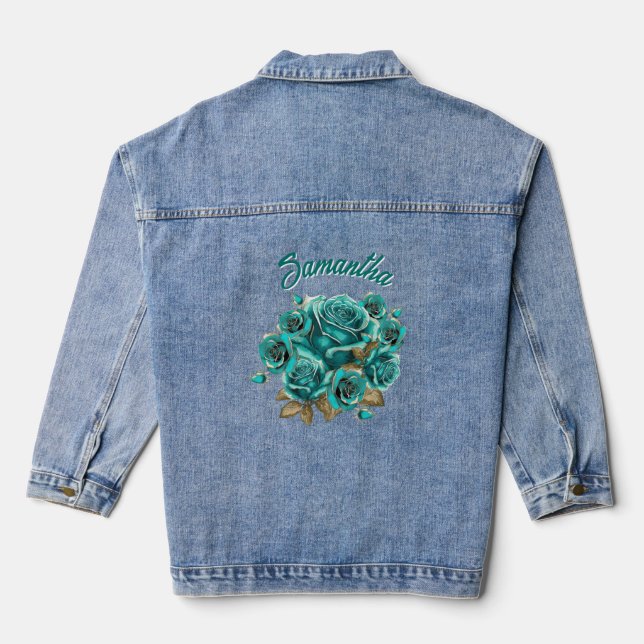 Personalised Elegant Vintage Teal Rose Denim Jacket (Back)