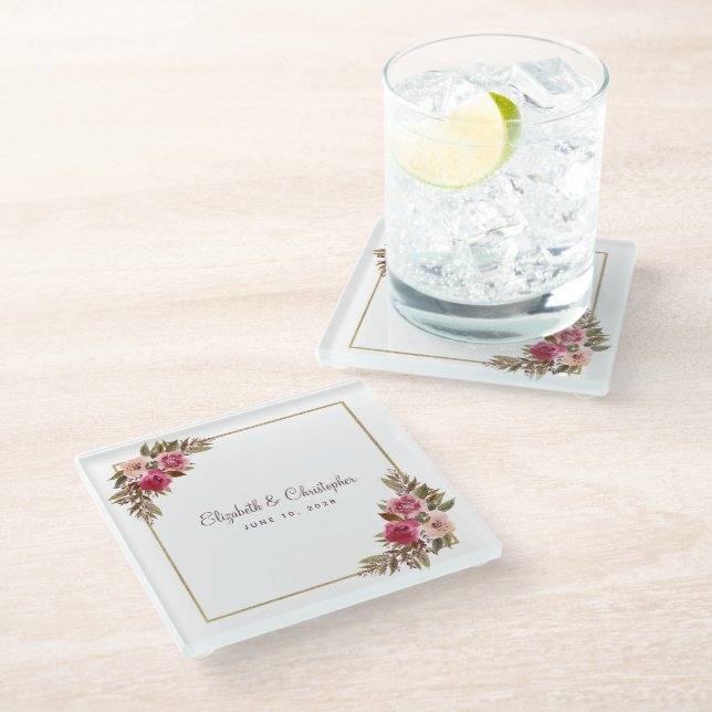 Personalised Elegant Watercolor Floral Wedding Glass Coaster (Angled)
