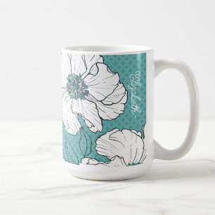 Personalised Elegant White Florals on Teal Coffee Mug