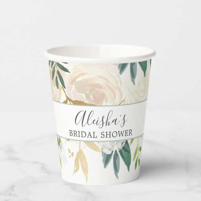 Personalised Elegant White Gold Floral Greenery Paper Cups (Left)
