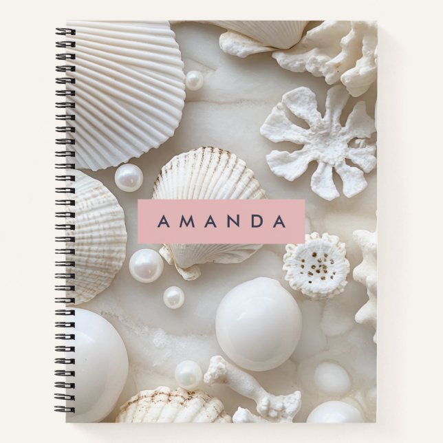 Personalised Elegant White Seashell and Pearl Notebook (Front)