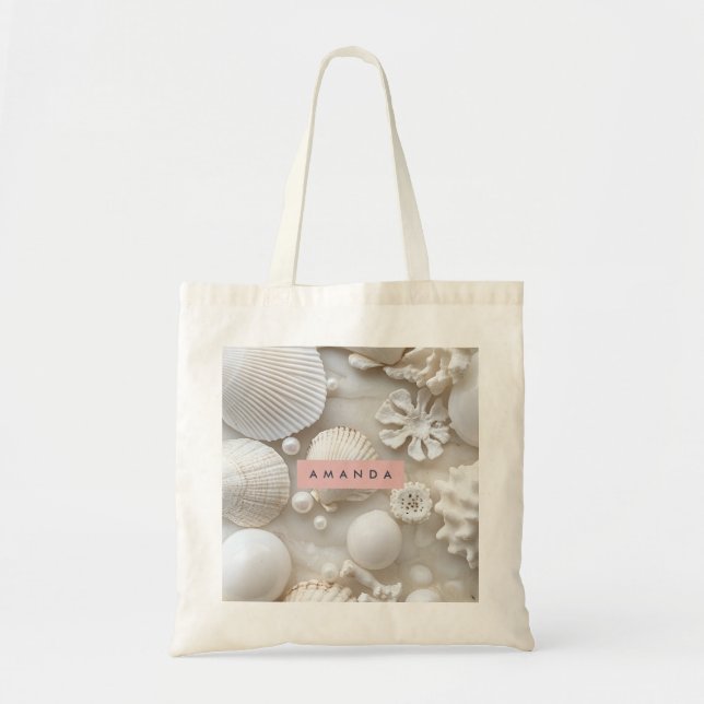 Personalised Elegant White Seashell and Pearl Tote Bag (Front)