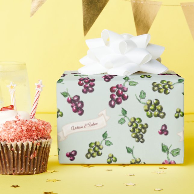 Personalised Elegant Wine Grapes Sage Watercolor Wrapping Paper (Birthday Party)