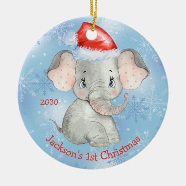 Personalised Elephant 1st Christmas Baby Boy Ceramic Tree Decoration (Front)