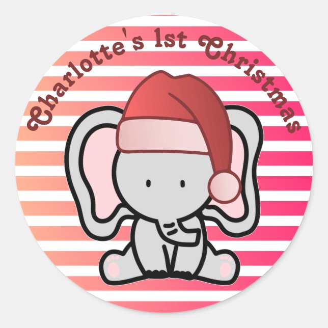 Personalised Elephant 1st Christmas Baby Girl  Classic Round Sticker (Front)