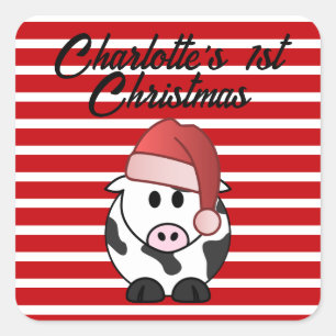 Personalised Elephant 1st Christmas Baby Girl Red  Square Sticker