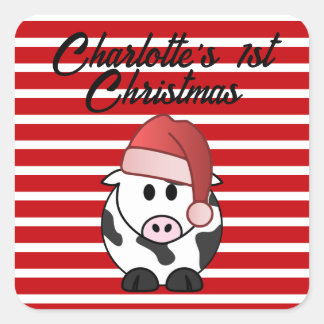 Personalised Elephant 1st Christmas Baby Girl Red  Square Sticker