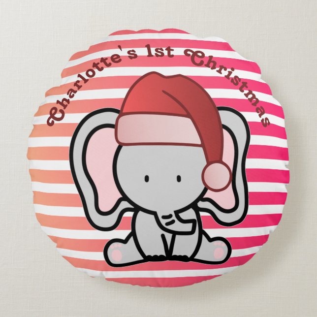 Personalised Elephant 1st Christmas Baby Girl Round Cushion (Front)