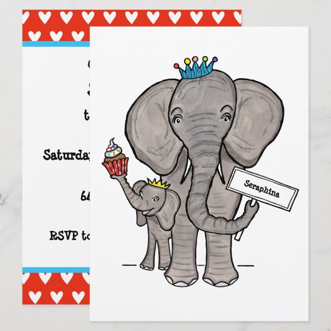 Personalised Elephant and Baby Birthday Invitation (Front/Back)