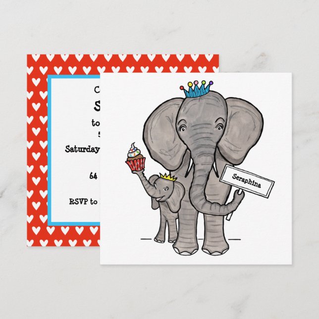 Personalised Elephant and Baby Birthday Invitation (Front/Back)