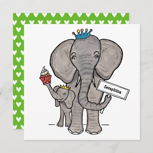 Personalised Elephant and Baby Birthday Invitation (Front/Back)