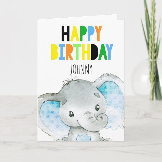 Personalised Elephant Cute Boy Happy Birthday Card (Front)