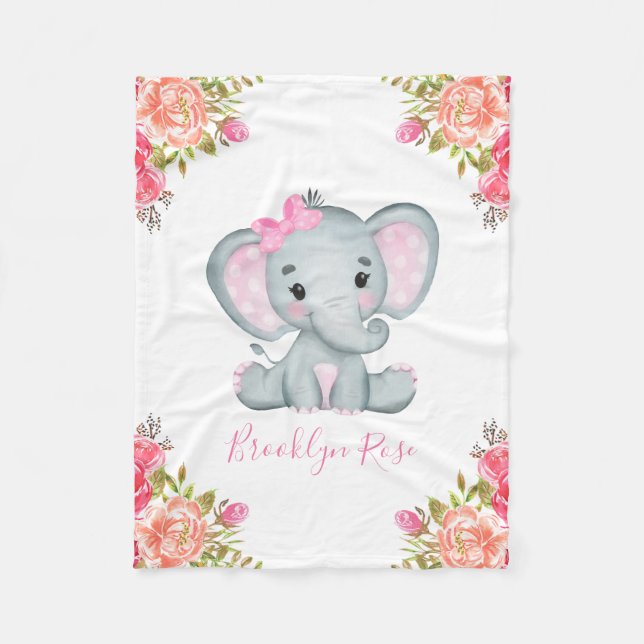 Personalised Elephant Floral Baby Girl Fleece Blanket (Front)