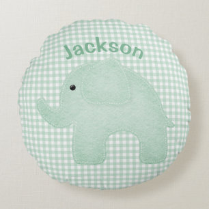 Personalised Elephant Green Plaid Gingham Nursery Round Cushion