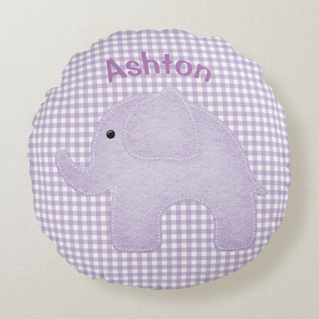 Personalised Elephant Purple Plaid Gingham Nursery Round Cushion (Front)