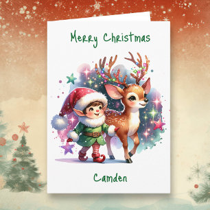 Personalised Elf and Deer Colouring Page Christmas Card