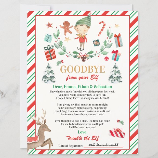 Personalised Elf Goodbye Letter Elf Holiday Card (Front)