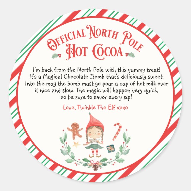 Personalised Elf Hot Chocolate Bomb Arrival Gift Classic Round Sticker (Front)