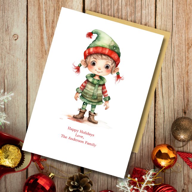 Personalised Elves Elf Holiday Christmas Card (Elf Christmas Holiday card Cute Adorable Whimsical Personalize it. Printed or Instant Download)