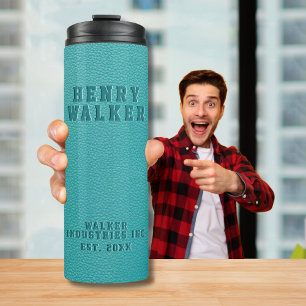 Personalised Embossed Teal Turquoise Vegan Leather Thermal Tumbler