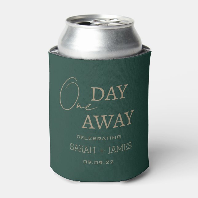 Personalised Emerald Green One Day Away Wedding Can Cooler (Can Front)