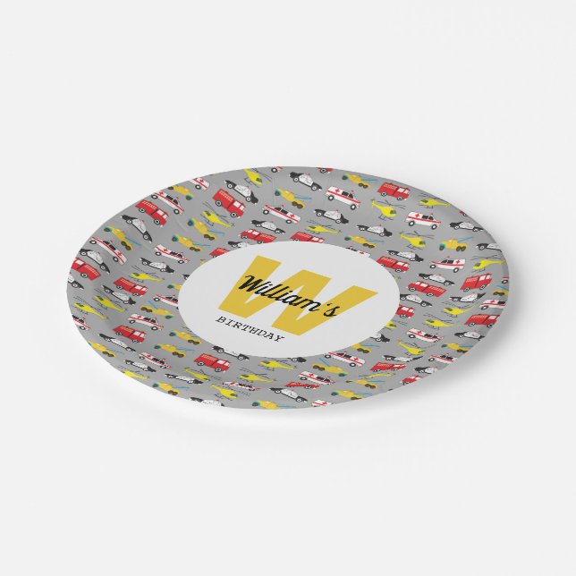 Personalised Emergency Vehicles Transportation Paper Plate (Angled)