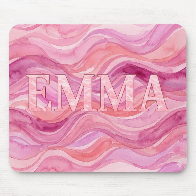 Personalised EMMA Pink Watercolor Waves Mouse Mat (Front)