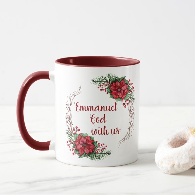 Personalised Emmanuel God Is With Us Poinsettia Mug (With Donut)