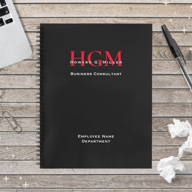 Personalised Employee Name Monogram Logo Black Red Notebook (Creator Uploaded)
