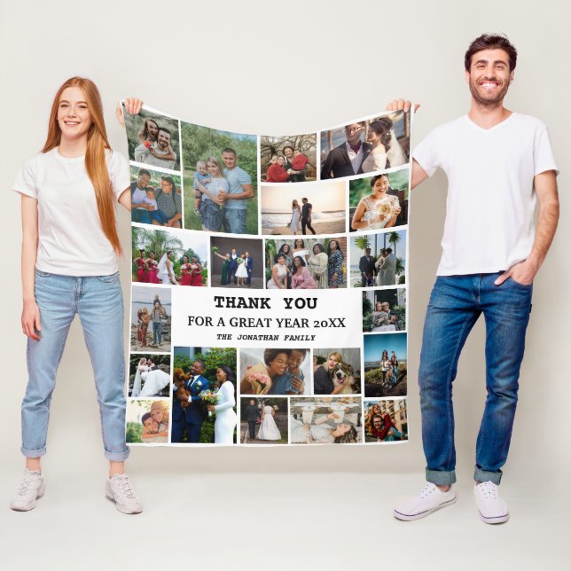 Personalised End Of Year Family 22 Photo Collage Fleece Blanket (In Situ)