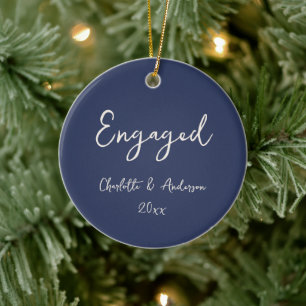 Personalised Engaged Couple Handwritten Navy Blue Ceramic Tree Decoration
