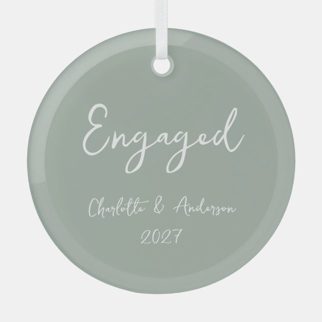 Personalised Engaged Couple Handwritten Sage Glass Tree Decoration (Front)