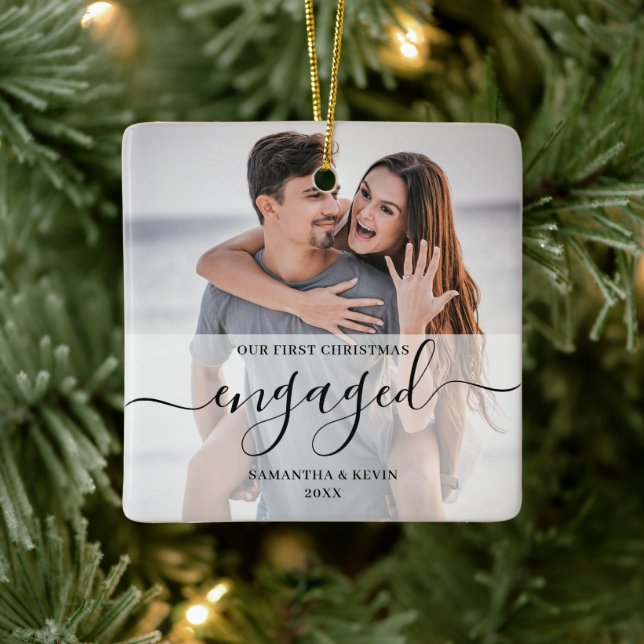 Personalised Engaged Couple Photo Names Trees Ceramic Ornament (Tree)
