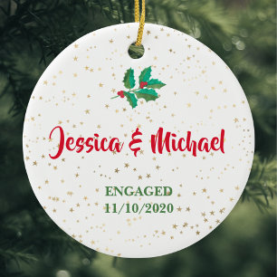 Personalised Engaged Gold Stars Holly Red Green Ceramic Tree Decoration