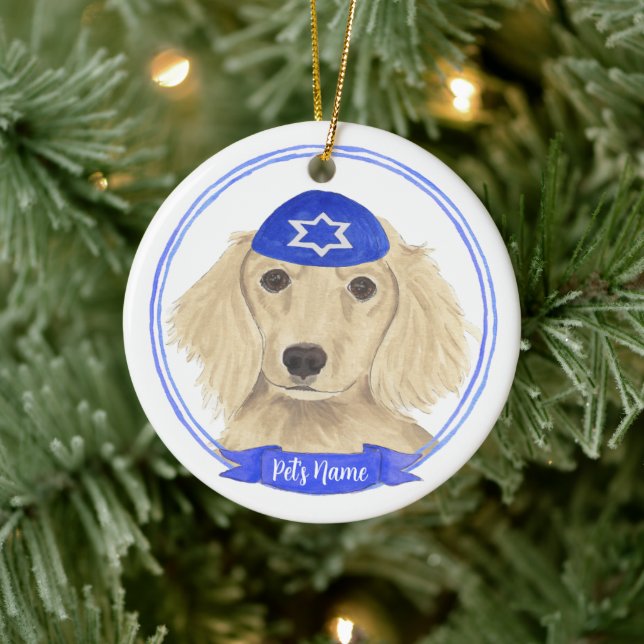 Personalised English Cream Dachshund Dog Hanukkah Ceramic Tree Decoration (Tree)