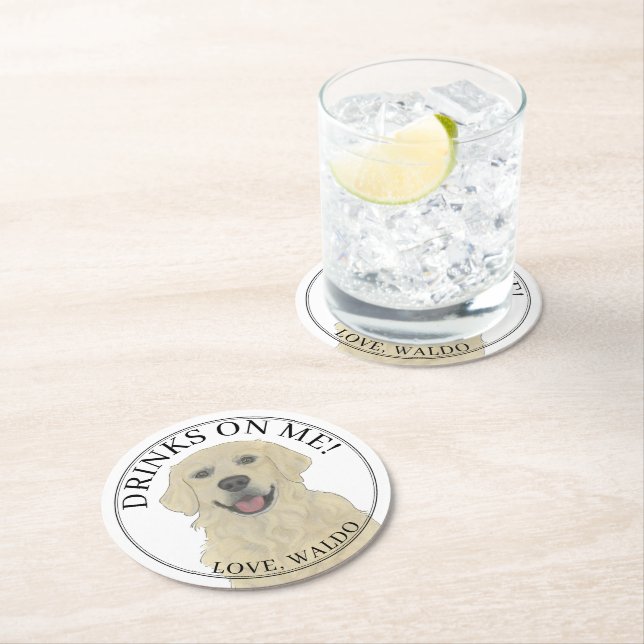 Personalised English Golden Retriever Wedding Round Paper Coaster (Insitu)